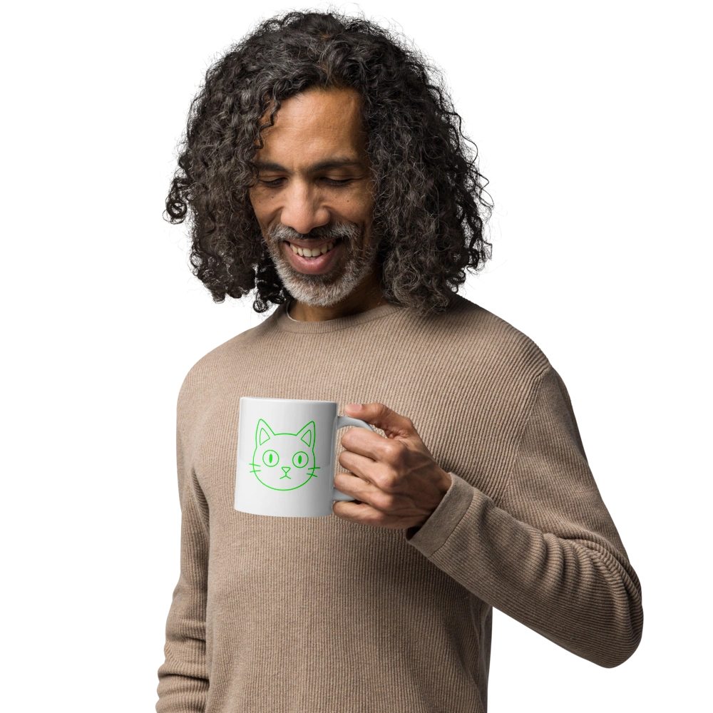 Sip Into the Void — Neon Cat Mug (front: neon cat logo)