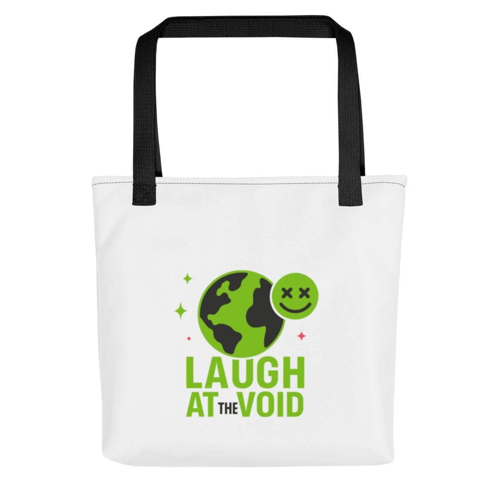 Laugh At The Void Tote — neon green Earth & smiley logo on white canvas