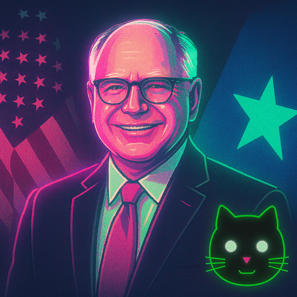 Neon portrait of Minnesota Governor Tim Walz with flags and a neon cat icon